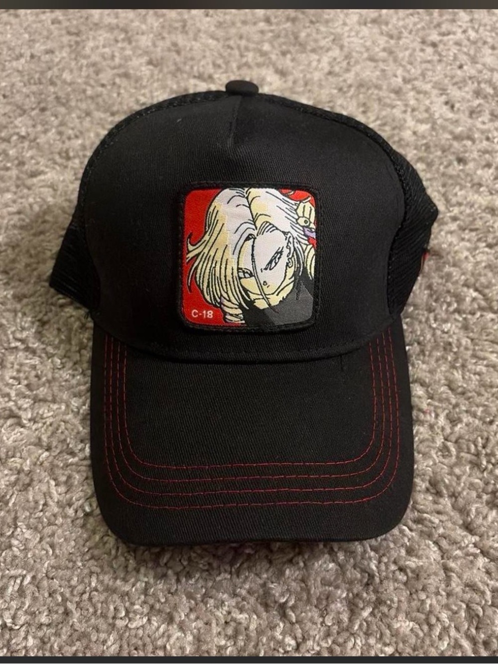Dragon Ball Z Red Ribbon Army Android 18 Logo Black Mesh Trucker Hat Adult